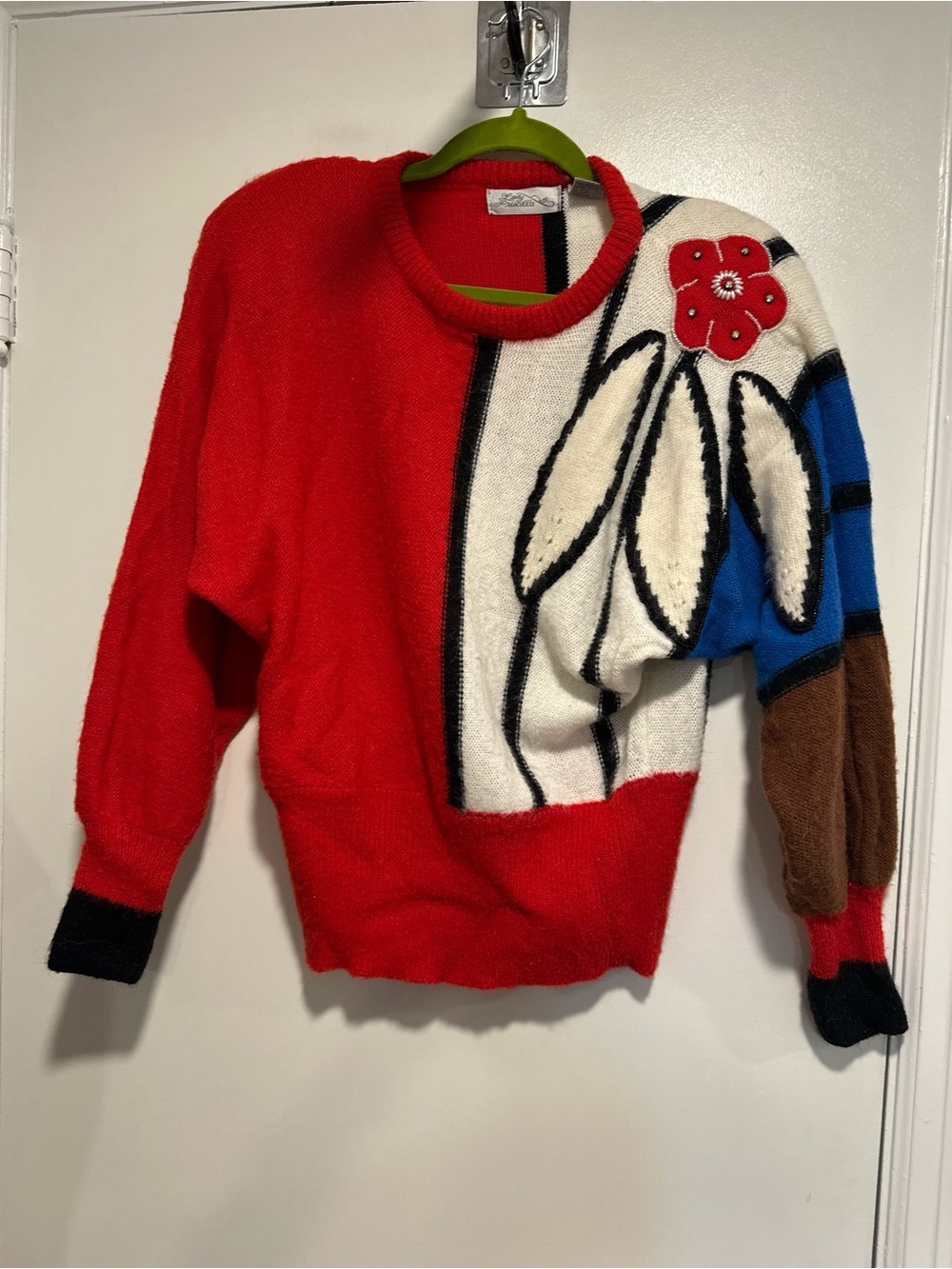 VTG 80s Lady Pricilla Sz:S bold colorblock beaded flower applique Knit sweater.